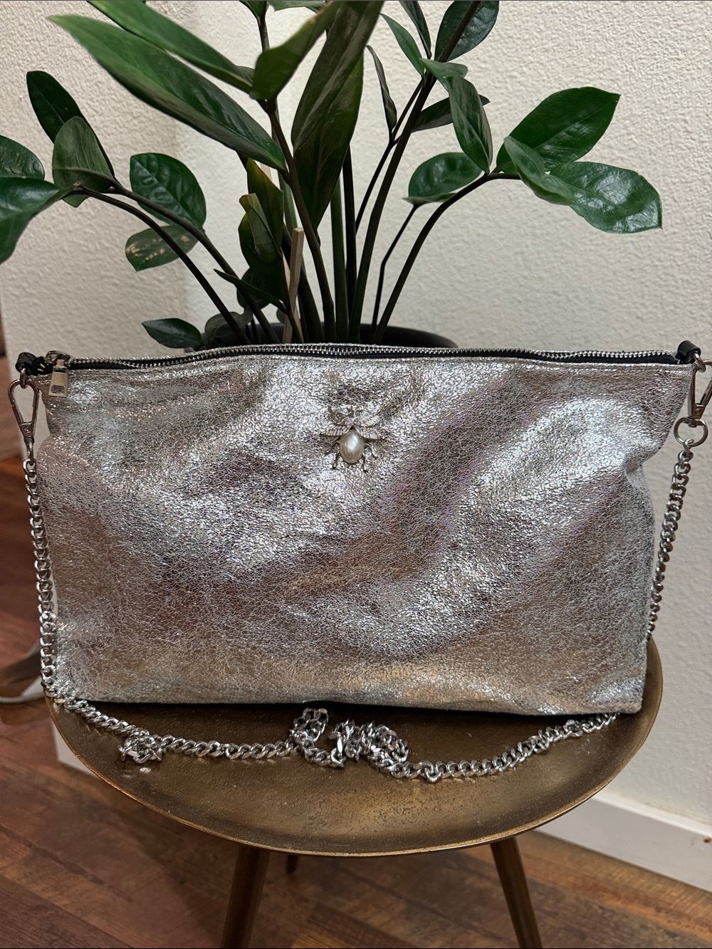 Zara Metallic Silver Foil Crossbody Bag Pearl Bumblebee Accent Cottagecore Glam